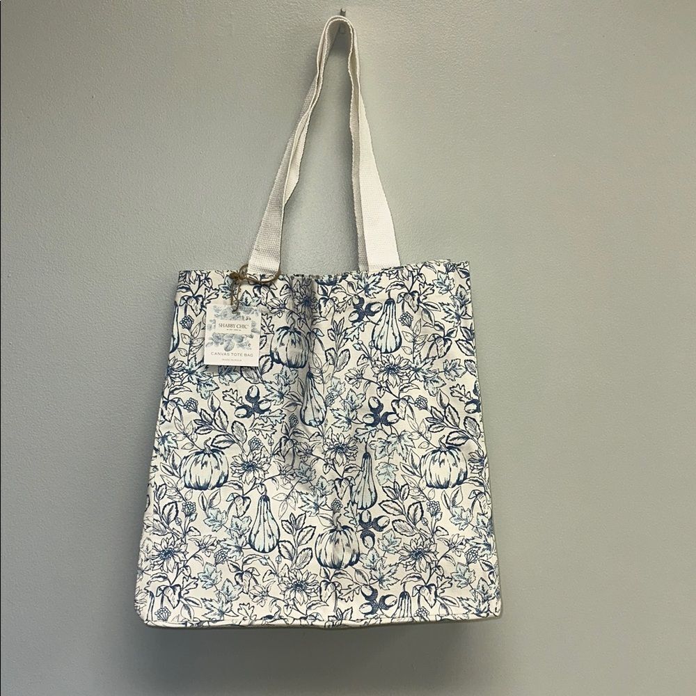 SHABBY CHIC Large White Blue Fall Harvest Pumpkin Acorn Floral Carryall Tote
